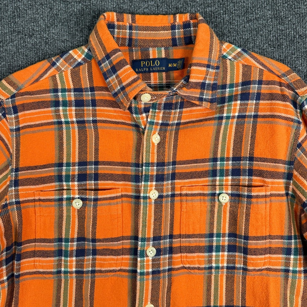 Polo Ralph Lauren Men's Orange Plaid Flannel Shirt Medium Long Sleeve Cotton M - Picture 1 of 8